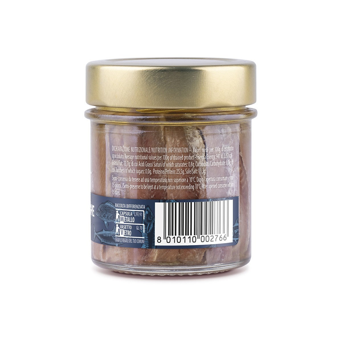 Filetti di Acciughe Campisi all'Olio di Oliva 100g - retro con valori nutrizionali